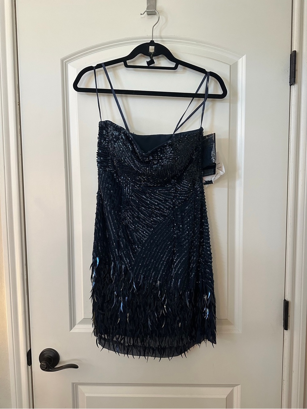 Basix Black Label Embellished Black Feather-Trim Mini Dress